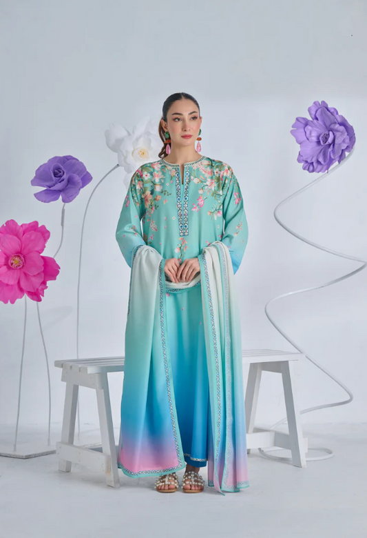 F - 396 Printed Silk Kaftan 2 PC Stitched Suit