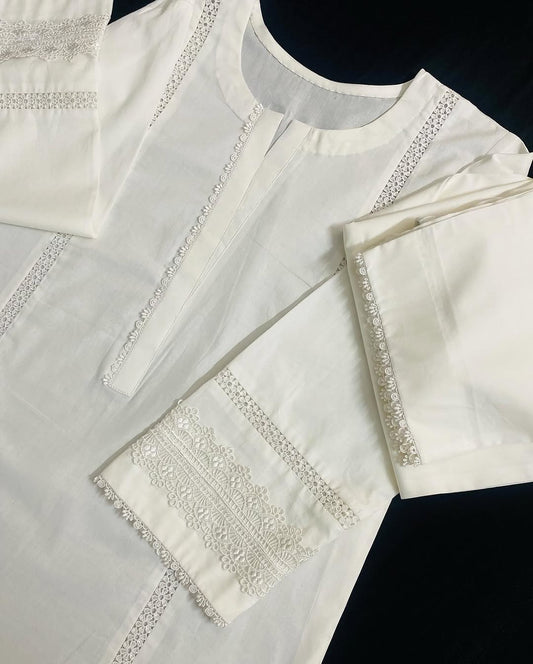 Sf 375 - White Lace Work Marina 2 Pc Stitched Suit