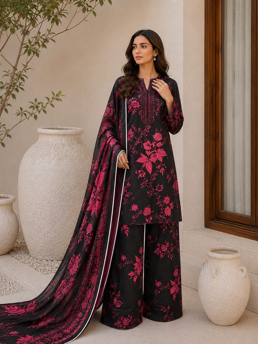 Floral 3PC Lawn Suit with Voile Dupatta