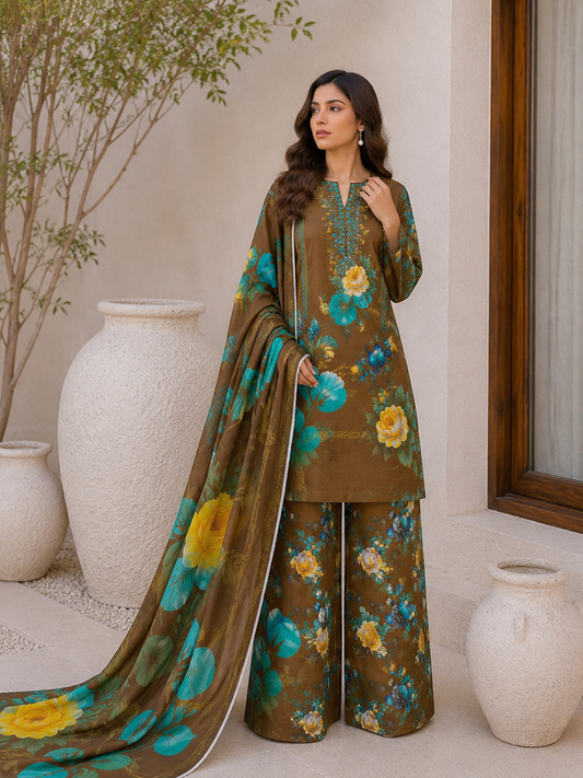 Floral 3PC Lawn Suit with Voile Dupatta