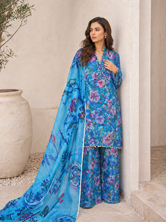 Floral 3PC Lawn Suit with Voile Dupatta