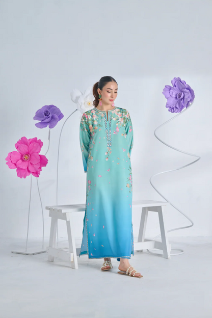 F - 396 Printed Silk Kaftan 2 PC Stitched Suit